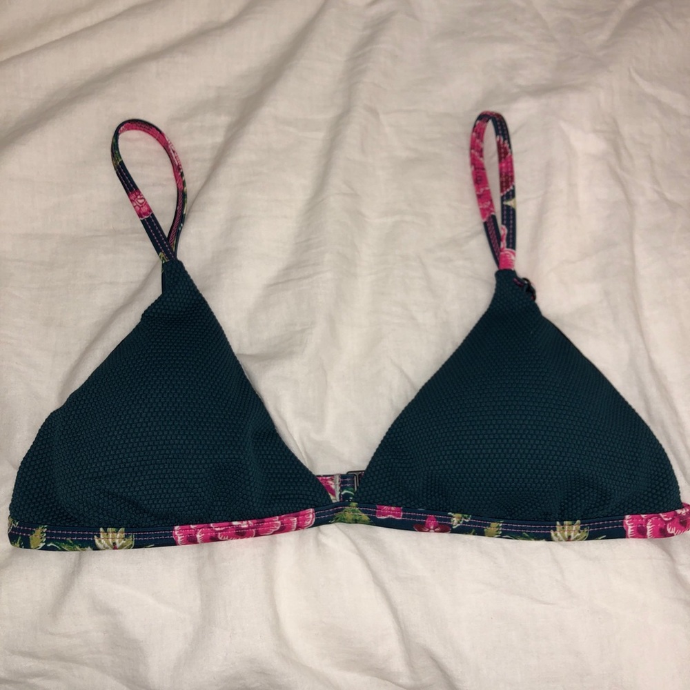 Blue and floral triangle bikini top